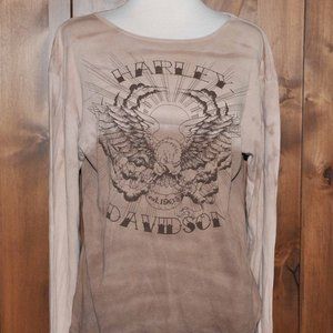 Vintage Tan Harley Davidson T-Shirt With Huge Brown Eagle & Print On Front